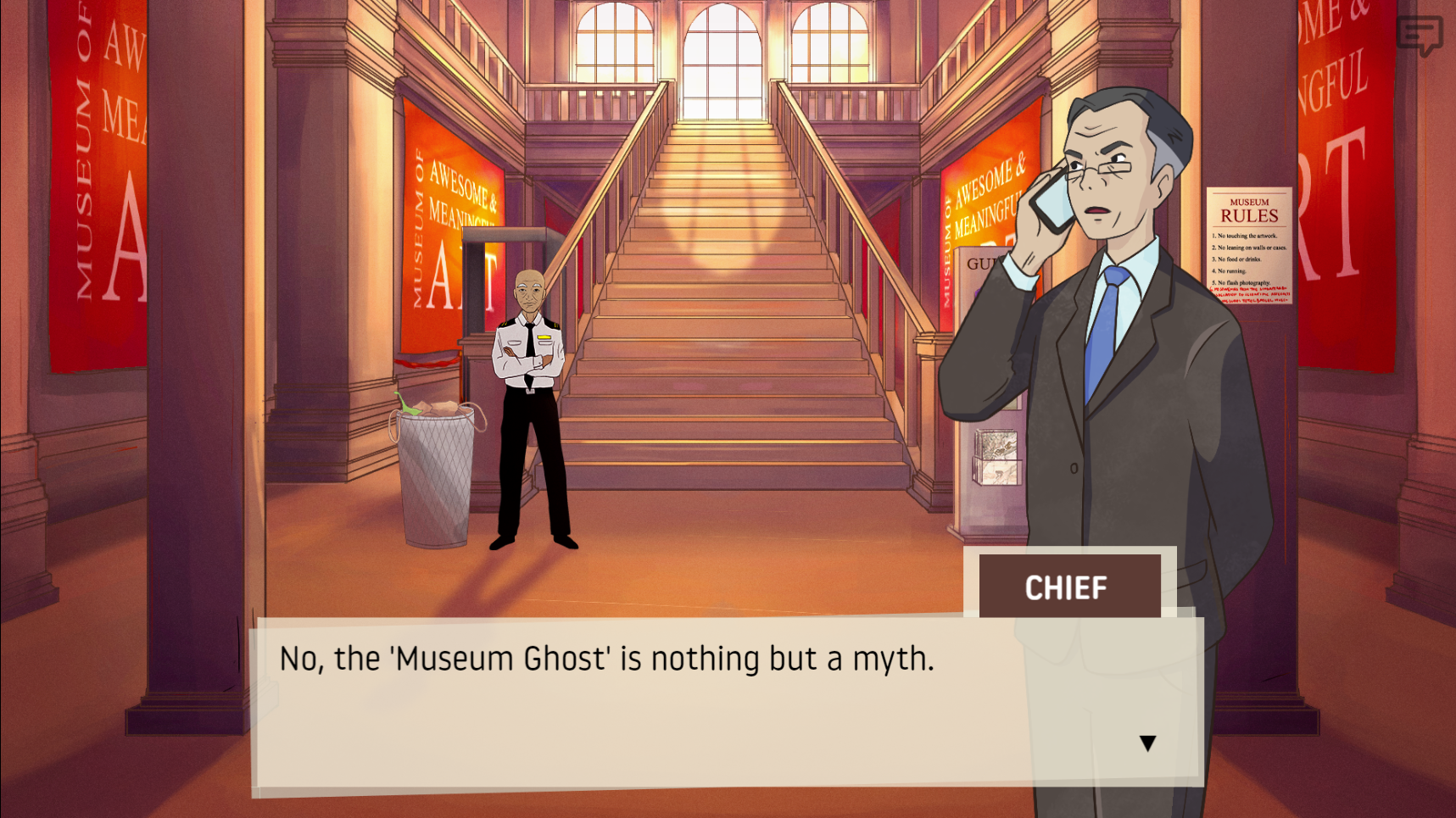 A museum chief standing at the foot of a grand museum staircase, talking into a phone, saying "No, the Museum Ghost is nothing but a myth." 